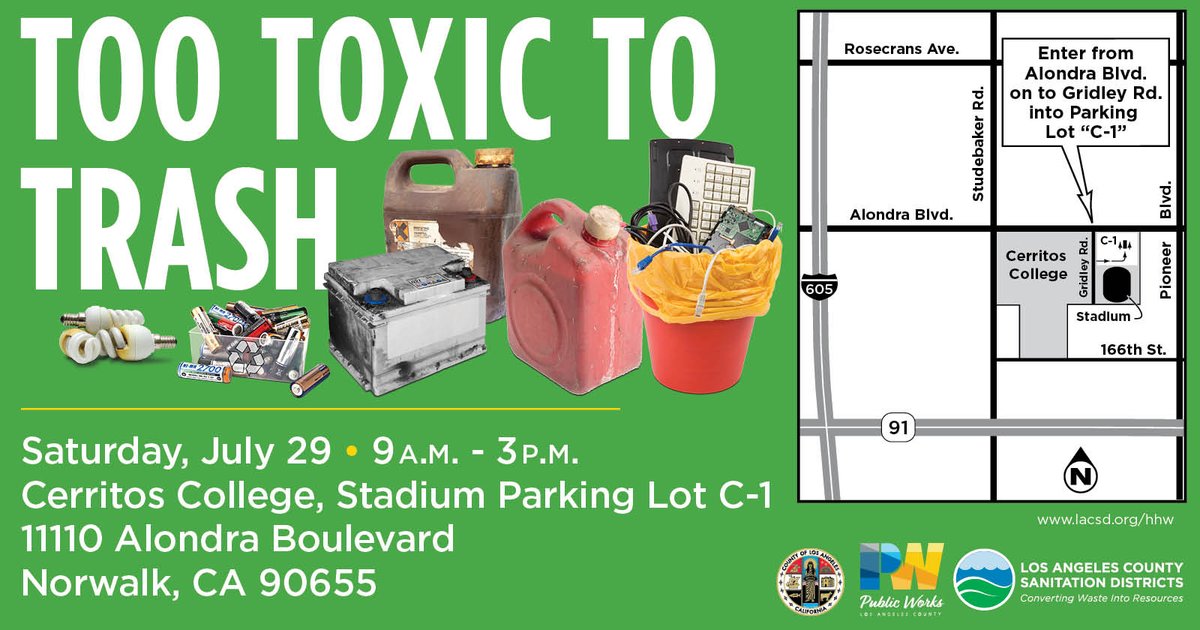 SanDistricts's tweet photo. FREE Household Hazardous Waste &amp; #EWaste Roundup on Sat, July 29 in #Norwalk at @cerritoscollege, Stadium Parking Lot C-1 (11110 Alondra Blvd), from 9am - 3pm. Bring paints, oils, batteries, sharps, computers, TVs, microwaves &amp; more.  https://t.co/8rdxphwalt
#Retweet #Recycle https://t.co/Thnl0XWSMC