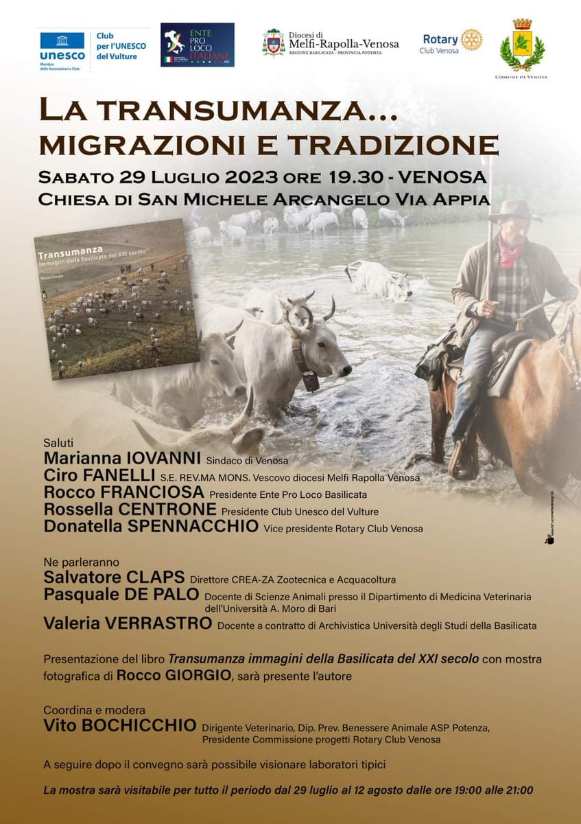 prolocobas's tweet photo. La #Transumanza #Migrazioni e #Tradizione
Sabato 29 Luglio 2023 ore 19,30 #Venosa
Chiesa di San Michele Arcangelo #ViaAppia
#prolocobasilicata #unesco #Vulture
#lucania #Basilicata
#epli #prolocoditalia #prolocoitaliane
#enteprolocobasilicata #enteprolocoitaliane https://t.co/NVZA87cWgG