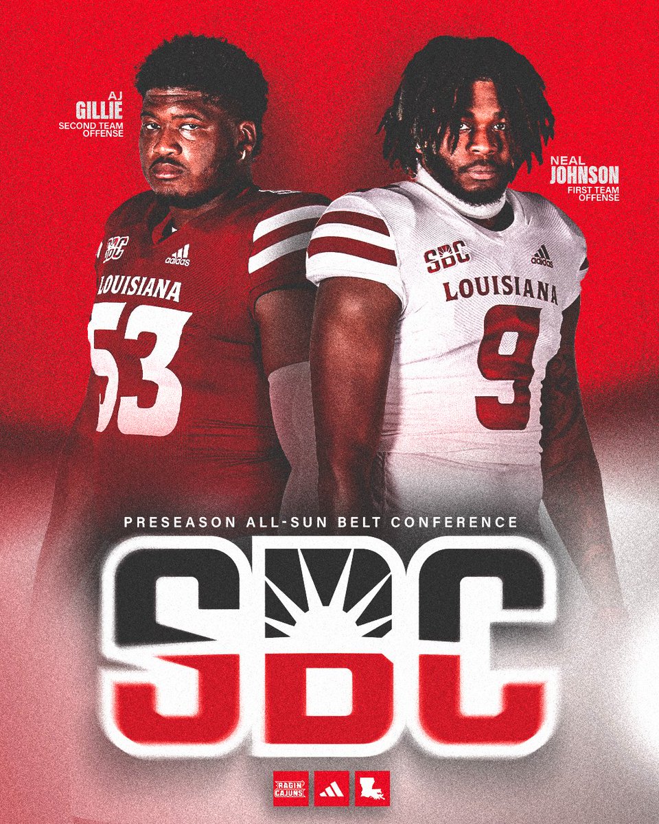 RaginCajunsFB's tweet photo. 𝐏𝐑𝐄𝐒𝐄𝐀𝐒𝐎𝐍 𝐀𝐋𝐋-𝐒𝐁𝐂 𝐇𝐎𝐍𝐎𝐑𝐄𝐄𝐒

Congrats to @nealjohnsonjr and @GillieAj2 on being voted to Preseason All-@SunBelt Teams!

#cULture | #GeauxCajuns https://t.co/gFo8xJ32Aq