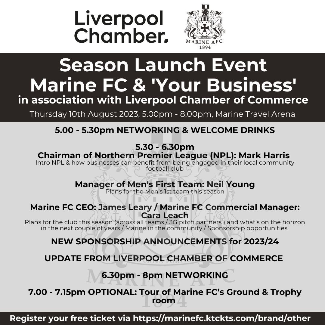 🤝 We are excited to host our Season Launch Event – Marine FC &amp; YOUR BUSINESS on Thursday 10th August in our function suite in association with Liverpool Chamber of Commerce.

Get your free ticket here 👉 marinefc.ktckts.com/event/mnebc100…

#COYM #UTM