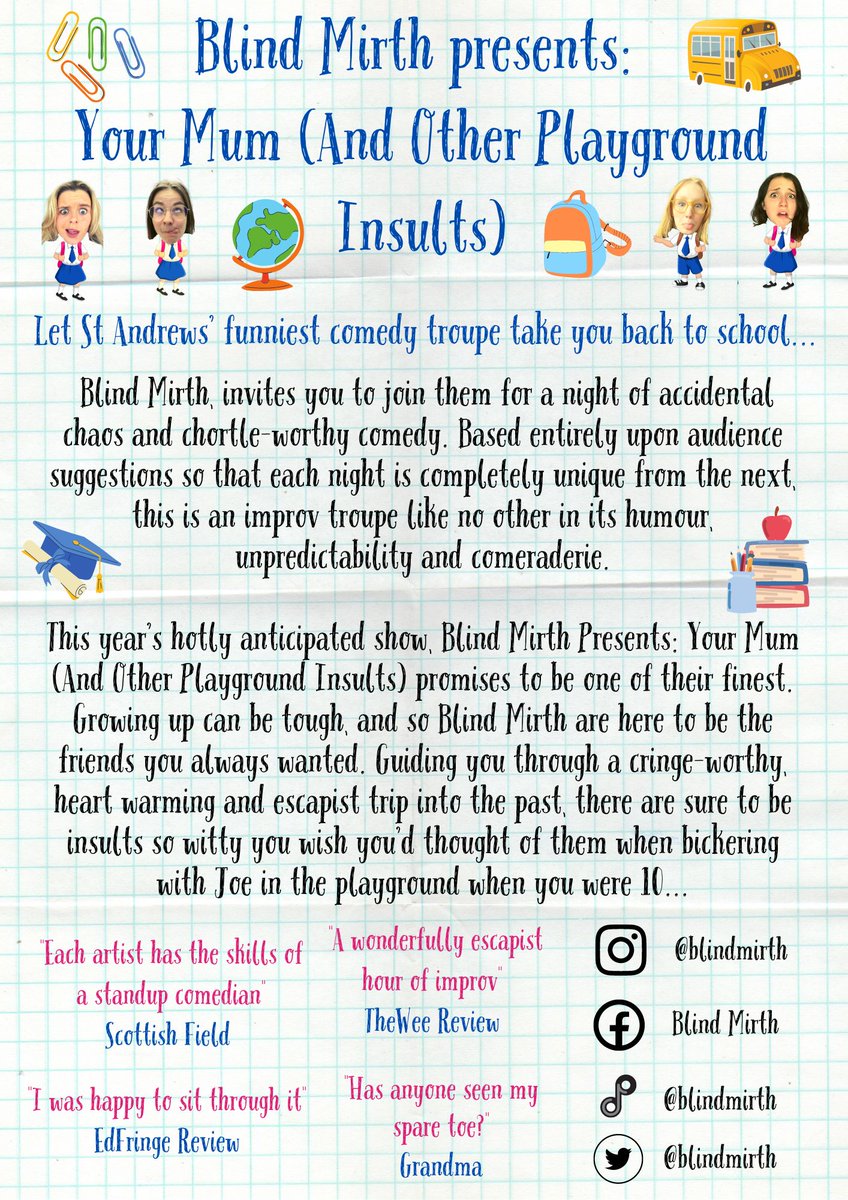 blindmirth's tweet image. Flyer reveal!!! We are so excited to transport you back to your school playgrounds where insults were as crushing as they were frankly unimaginative and just downright bad. Sounds like a review we once had...(that was a joke, we are credible, I promise.)