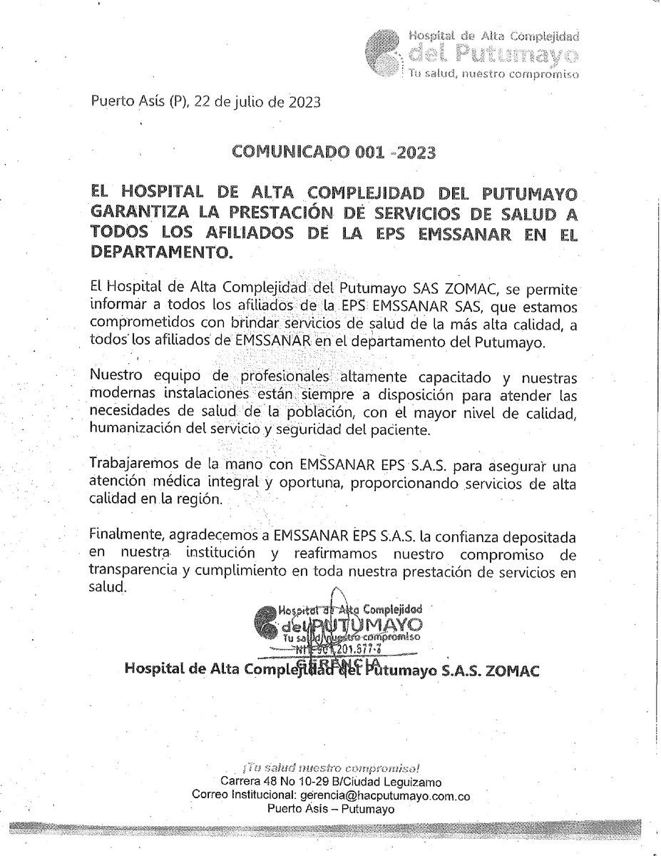 𝗖 𝗢 𝗠 𝗨 𝗡 𝗜 𝗖 𝗔 𝗗 𝗢
El Hospital de Alta Complejidad del Putumayo, y  𝗘𝗠𝗦𝗦𝗔𝗡𝗔𝗥  garantizan la prestación de servicios de salud, a todos los afiliados del Departamento del Putumayo.
.
.
.
#HACPutumayo
#TuSaludNuestroCompromiso