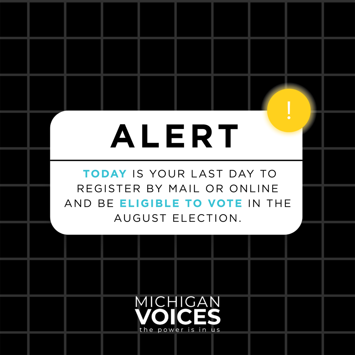 Today is your last day to register to vote online in Michigan and be eligible to vote in the August election. In-person registration with your local clerk with proof of residency is allowed between July 25 date and Aug. 8.

Register online today: mvic.sos.state.mi.us/registervoter?…