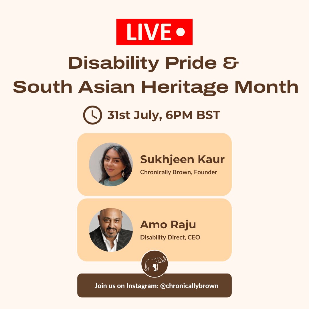 Join our live on 31st July at 6pm for a conversation with Sukhjeen and Amo! 🌟 

They will discuss Disability Pride and South Asian Heritage Month because they both happen in July! 🎉 

So what are you waiting for? 
Make sure to set a reminder: instagram.com/chronicallybro…