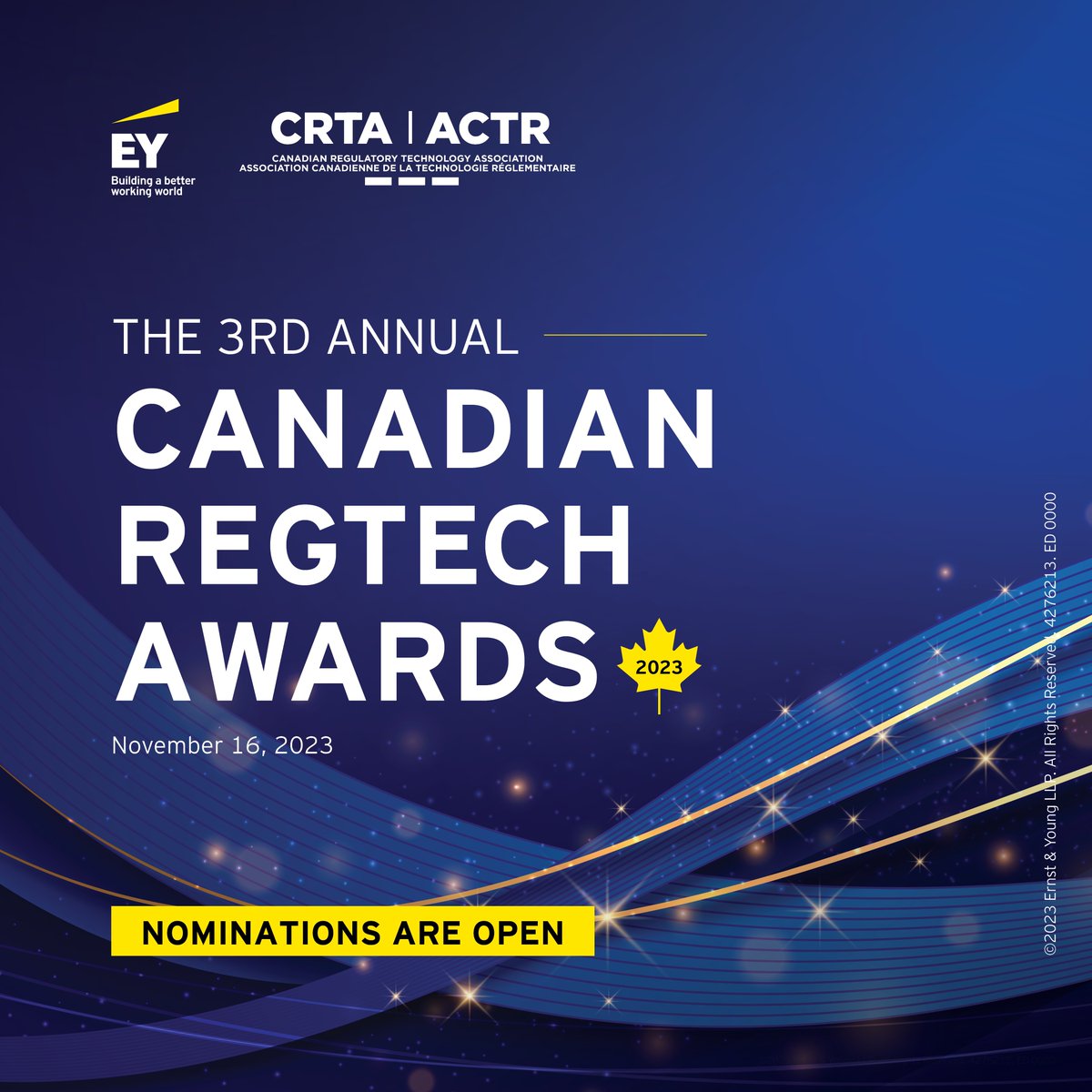Nominations are now open for the third annual <a href="/CRTA_ACTR/">Canadian RegTech Association</a> awards! Companies providing innovative regulatory technology solutions are welcome to submit a nomination here: go.ey.com/3pZDIo4

#EYCanada #BetterWorkingWorld