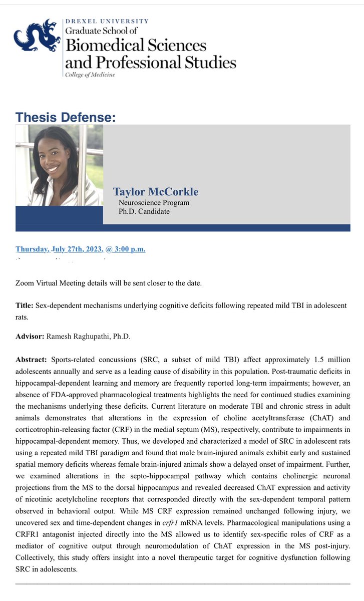 Dr. Tay (@tay_mccork) on Twitter photo It’s #BINW23! My name is Taylor McCorkle, and I just finished my 5th year as a neuro PhD candidate in the lab of <a href="/raghupathirames/">Dr. Ramesh Raghupathi 👊🏾 🧠🍪🐁🐀</a>. God really has the best timing bc I’ll be defending my thesis this Thursday at 3pm EST! Please dm me if you’d like the link! #BlackinNeuroRollCall It’s #BINW23! My name is Taylor McCorkle, and I just finished my 5th year as a neuro PhD candidate in the lab of <a href="/raghupathirames/">Dr. Ramesh Raghupathi 👊🏾 🧠🍪🐁🐀</a>. God really has the best timing bc I’ll be defending my thesis this Thursday at 3pm EST! Please dm me if you’d like the link! #BlackinNeuroRollCall