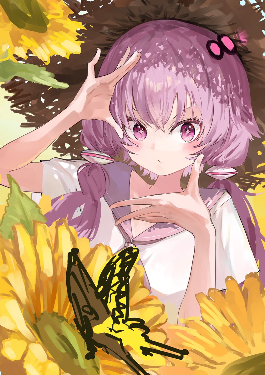 yuzuki yukari 1girl solo flower purple hair sunflower hair ornament sailor collar  illustration images