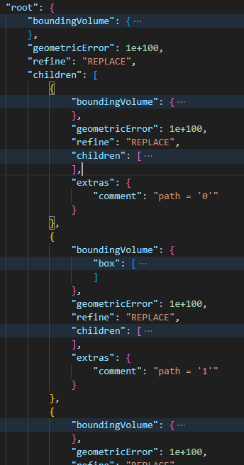 Anyone can shed some light on Google's #3dtiles ?
The root node has 4 children and when I render their bounding boxes I get this.  Its weird that there are comments for the nodes with path=n. Never seen this wackyness in 3D tiles before. Expecting a octree, not this.
#threejs