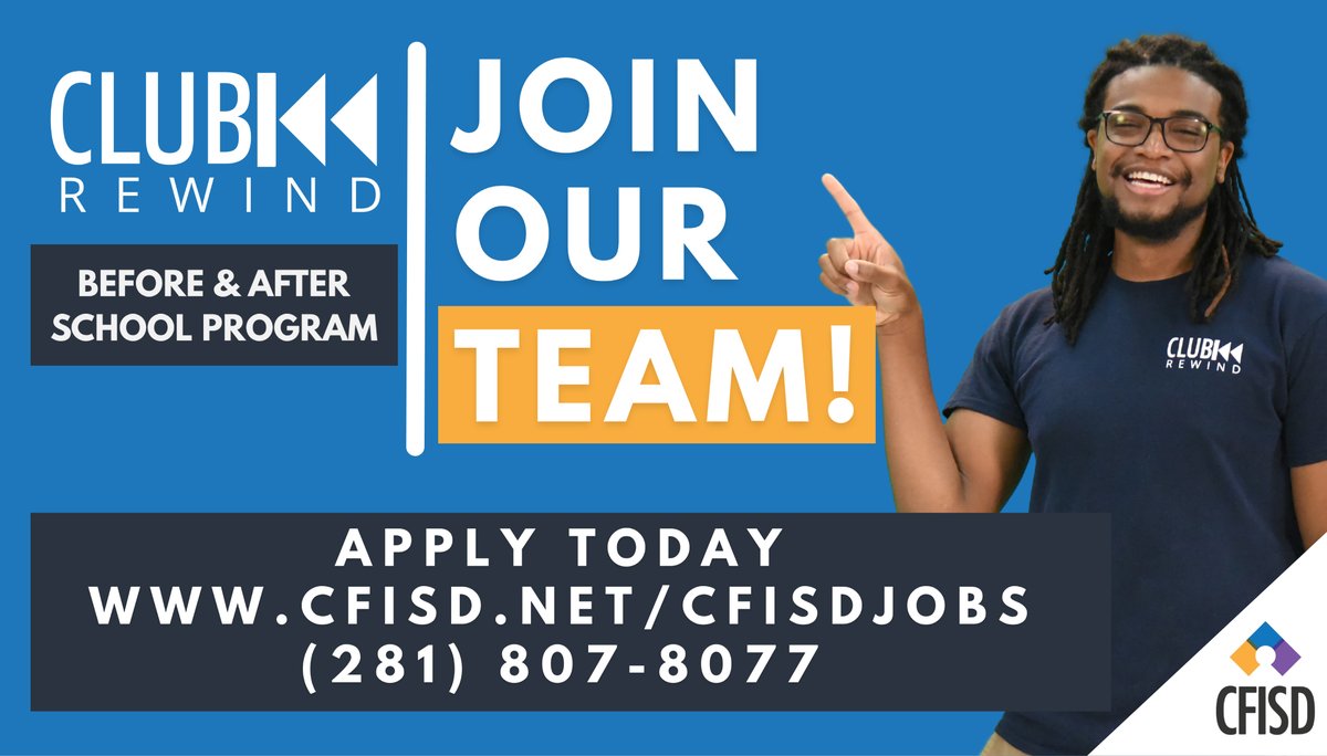 CyFairISD's tweet photo. Our before- and after-school care program, @CFISDClubRewind, is hiring for several positions.

Program leader: https://t.co/krWuFjCfTn 
Program clerk: https://t.co/nC2VgzS6iE 
Program manager: https://t.co/roiqPG9S7o 
Asst. program manager: https://t.co/KVC4zx8cMG https://t.co/B72wUDtzjQ