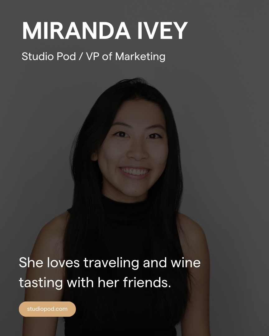 The_Studio_Pod's tweet photo. Meet the VP of Marketing at Studio Pod, Miranda.
⁠
Miranda has over 6 years of experience in the digital marketing industry, specifically in social media marketing where she specializes in graphic design and analyzing objective-driven KPIs.⁠
⁠
Give a warm hello to Miranda!⁠ https://t.co/bT3PrieScm