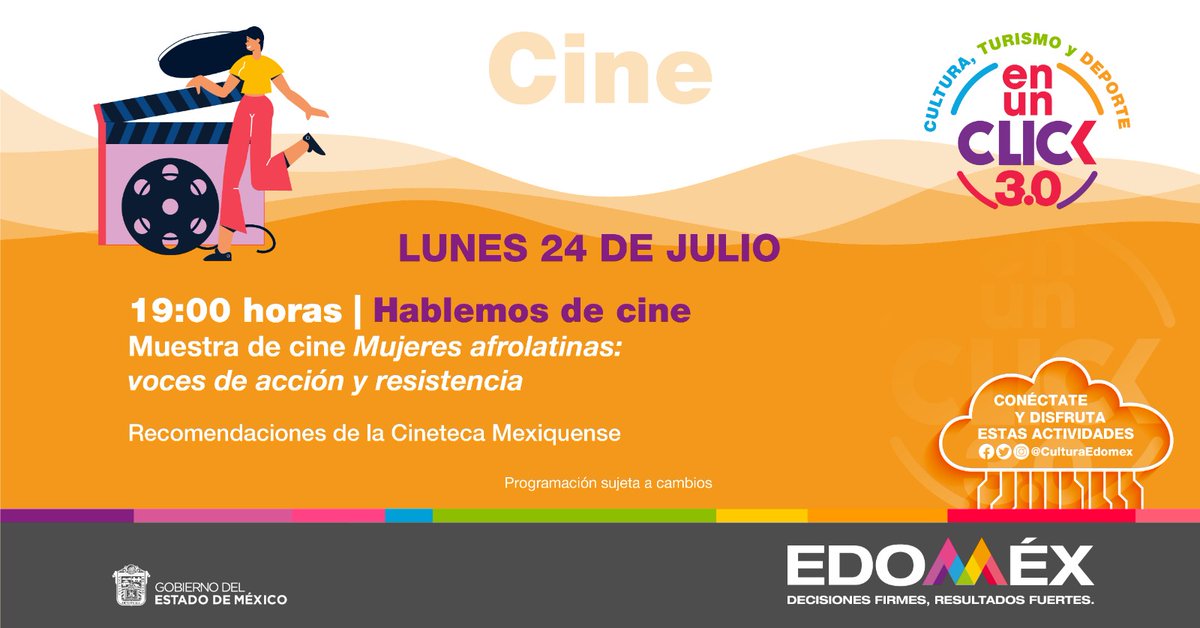 ¡Esta tarde #HablemosDeCine! Disfruta con nosotros de este excelente programa planeado para ti.

Sigue nuestra transmisión en #CulturaEnUnClick. ¡Te esperamos!
.
.
<a href="/CulturaEdomex/">Secretaría de Cultura y Turismo</a>