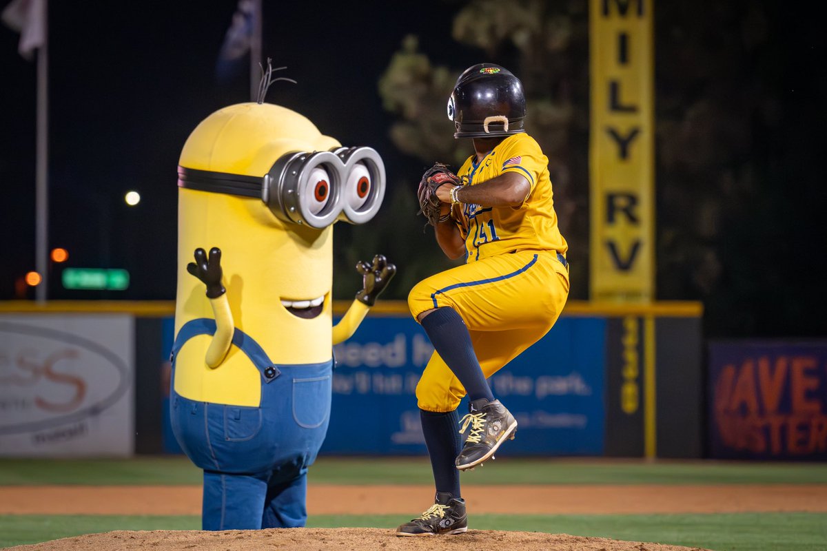 TheSavBananas's tweet photo. Three of the best nights in Rancho Cucamonga! We twisted and shouted, stole the moon with the Minions, and celebrated Ryan Cox being the first Banana Ball player ever to hit 100 trick plays 🤯 And to top it all off we had Japanese baseball star, Kenshi Sugiya, and former Major Leaguers, Jeremy Guthrie, George Kottaras, Josh Reddick, and Brett Tomko suit up in yellow 🤩 So soooo thankful for the best fans in the world!

See ya tomorrow, San Jose! 😎😎