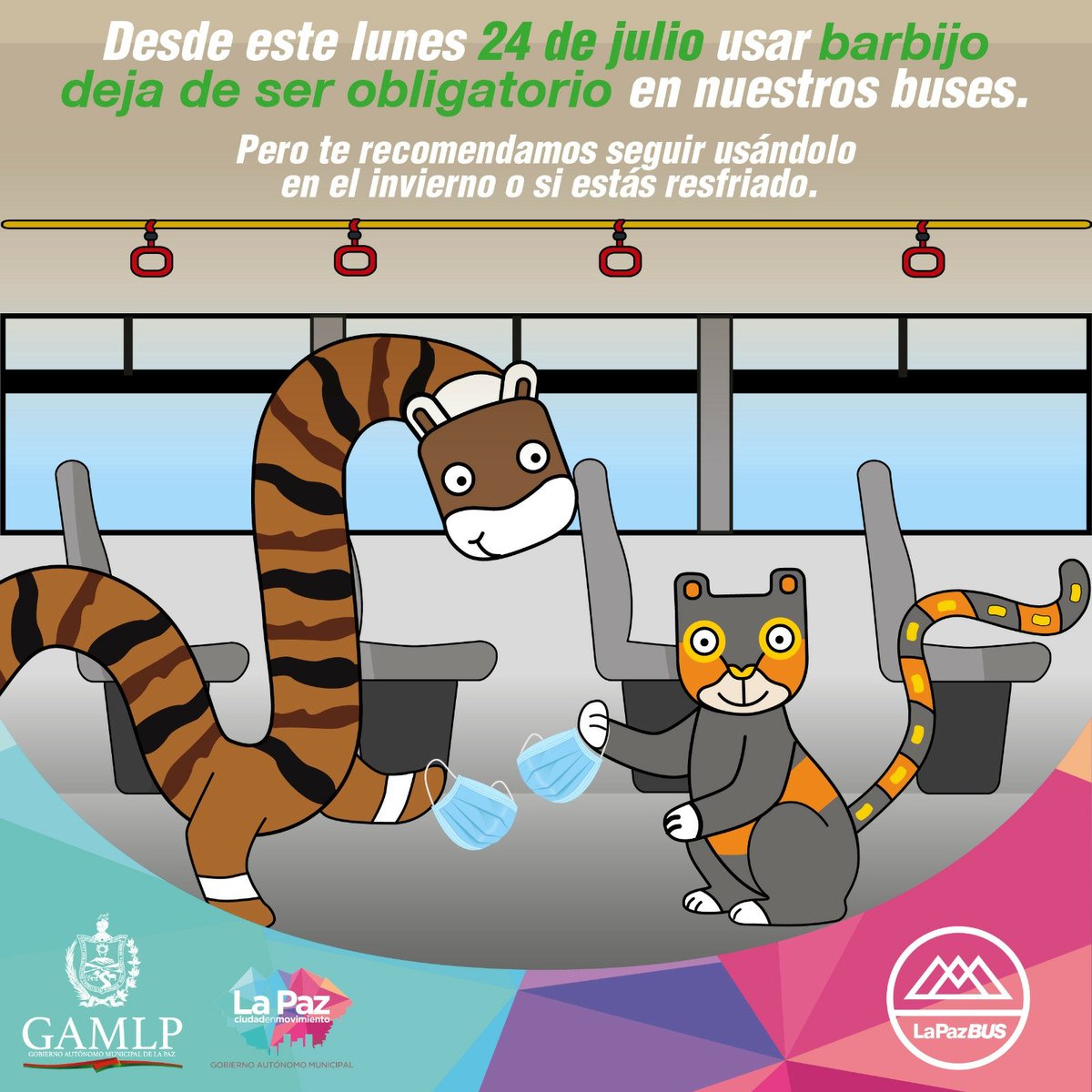 LaPazBUS's tweet photo. ¡ATENCIÓN! 📣
😃 🚌 A partir del 24 de julio del 2023 ya no será obligatorio utilizar barbijo en el los buses PumaKatari y ChikiTiti. Esto es un gran avance y demuestra el progreso en nuestra lucha contra la COVID-19.

#LaPazBUS #PumaKatari #ChikiTiti https://t.co/KP3rhdLNnk