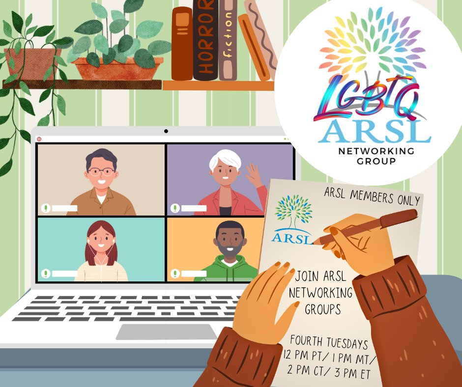 Join our ARSL Networking Groups! We are hosting our LGBTQ+ group tomorrow, 7/25, @ 12 pm PT/ 3 pm ET. Meeting Requirements: ARSL Membership and Zoom registration (us06web.zoom.us/meeting/regist…) If you have any questions, please reach out to info@arsl.org.