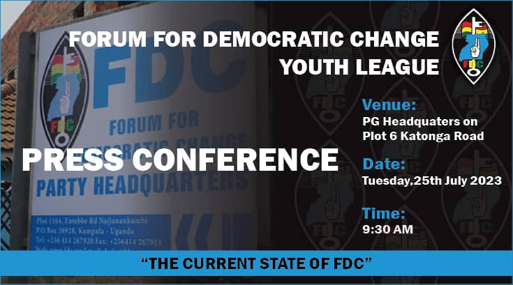 FDC YOUTH LEAGUE PRESS CONFERENCE To @FDCOfficial1 Youth League members and leaders, and the Media Fraternity. You are all invited for the @FDCOfficial1 Youth League Presser tomorrow Tuesday 25th July 2023at Katonga Office at 9:30am. @nbstv @ntvuganda @bbstvug