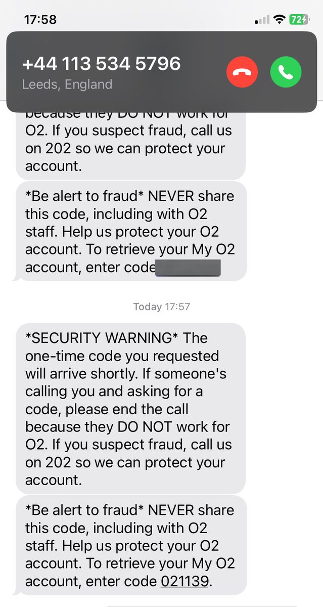 nicmarieex's tweet photo. @O2 just received this text (I haven’t asked for a code) then immediately started to get a phone call from this number (on screenshot). Thought you should know. https://t.co/30Qiy9uwI6