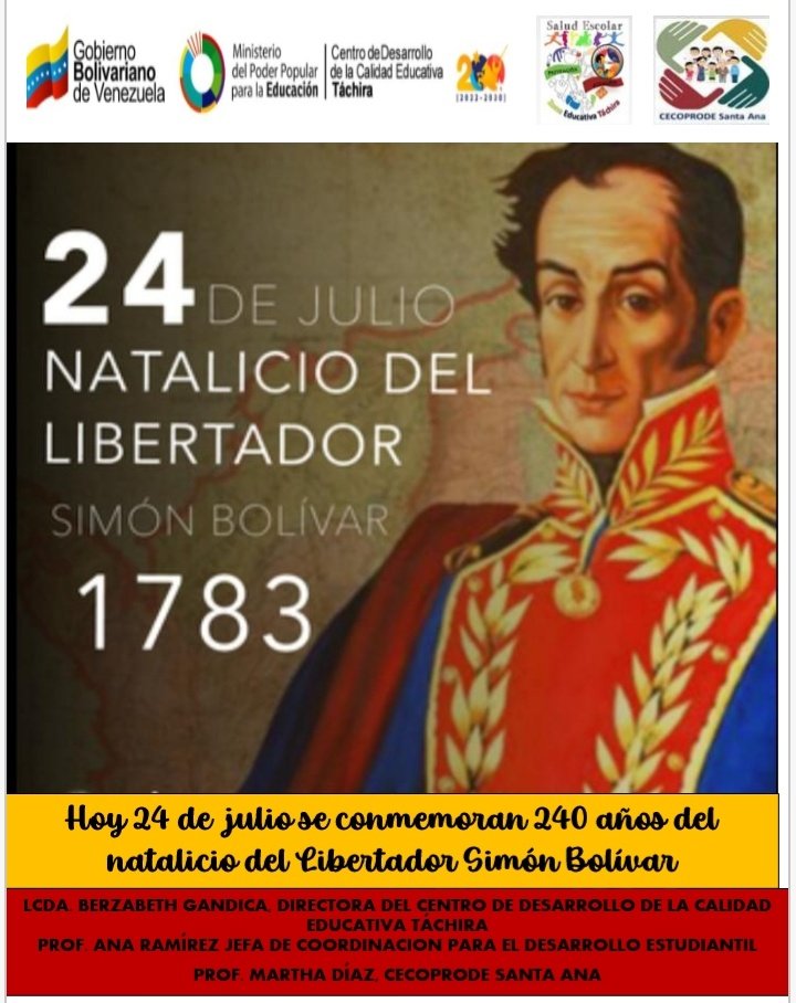 Hoy se conmemoran 240 años del natalicio del Libertador
@MPPEDUCACION
@ZonaEducTachira
<a href="/NicolasMaduro/">Nicolás Maduro</a>
<a href="/yelitzePSUV_/">Yelitze Santaella</a>
<a href="/berzabethg1/">Berzabethgandicaoficial</a>
<a href="/COMUNIDADESED15/">DIV. COMUNIDADES EDUCATIVAS TÁCHIRA</a>
@SPETachira
<a href="/saludescolar2/">Salud Escolar</a>
<a href="/cordobaENGH/">CordobaGarciadeHeviaEcuela</a>
<a href="/Yasuy80/">CEI DR FCO GARCIA H.</a>
<a href="/uensimonbolivar/">U.E.N.SIMONBOLIVAR - Córdoba.</a>
<a href="/Especial13142/">Especial Córdoba</a>
<a href="/donromulogalle1/">Donromulogallegos</a>
<a href="/lavictoria2015/">Nueva Morelia</a>