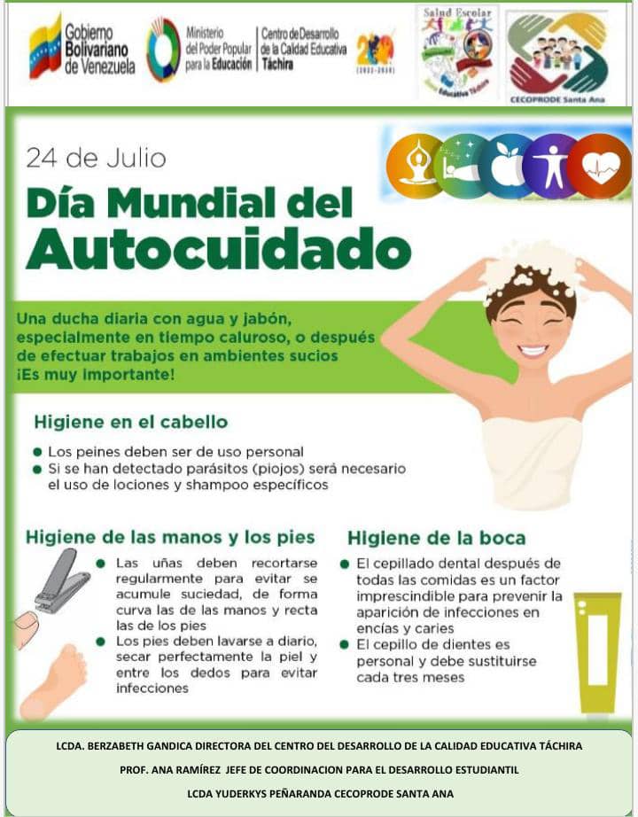 Día mundial del autocuidado.
@MPPEDUCACION
@ZonaEducTachira
<a href="/NicolasMaduro/">Nicolás Maduro</a>
<a href="/yelitzePSUV_/">Yelitze Santaella</a>
<a href="/berzabethg1/">Berzabethgandicaoficial</a>
<a href="/COMUNIDADESED15/">DIV. COMUNIDADES EDUCATIVAS TÁCHIRA</a>
@SPETachira
<a href="/saludescolar2/">Salud Escolar</a>
<a href="/cordobaENGH/">CordobaGarciadeHeviaEcuela</a>
<a href="/Yasuy80/">CEI DR FCO GARCIA H.</a>
<a href="/uensimonbolivar/">U.E.N.SIMONBOLIVAR - Córdoba.</a>
<a href="/Especial13142/">Especial Córdoba</a>
<a href="/donromulogalle1/">Donromulogallegos</a>
<a href="/lavictoria2015/">Nueva Morelia</a>