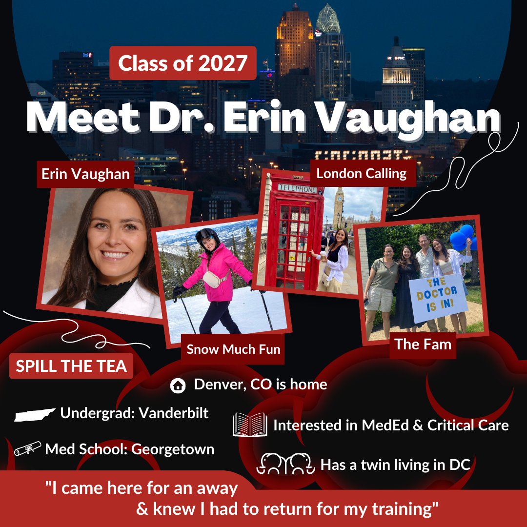 #InternIntros 2027 Dr. Vaughan & her twin grew up in Denver before undergrad at @vanderbiltu & med school at @gumedicine At her #CincyEM away she was blown away by the skill, knowledge & kindness in the ED. Her interests in #MedEd & #CritCare are well suited here @Erin_Vaughan1