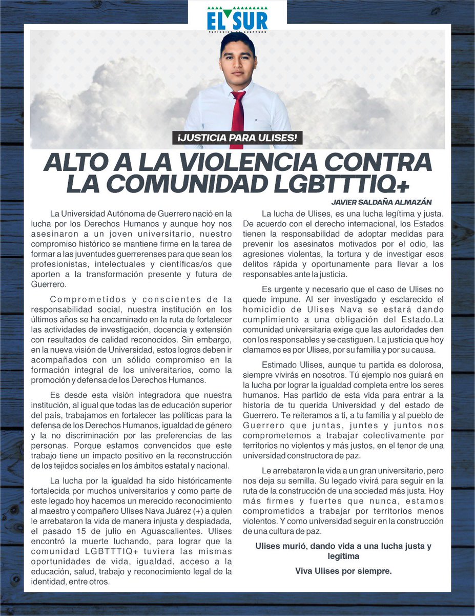 JavSaldana's tweet photo. Les comparto mi artículo de hoy, agradezco al Periódico @elsurdeguerrero por su publicación.

#JusticiaParaUlises https://t.co/Rd2hlzAinm