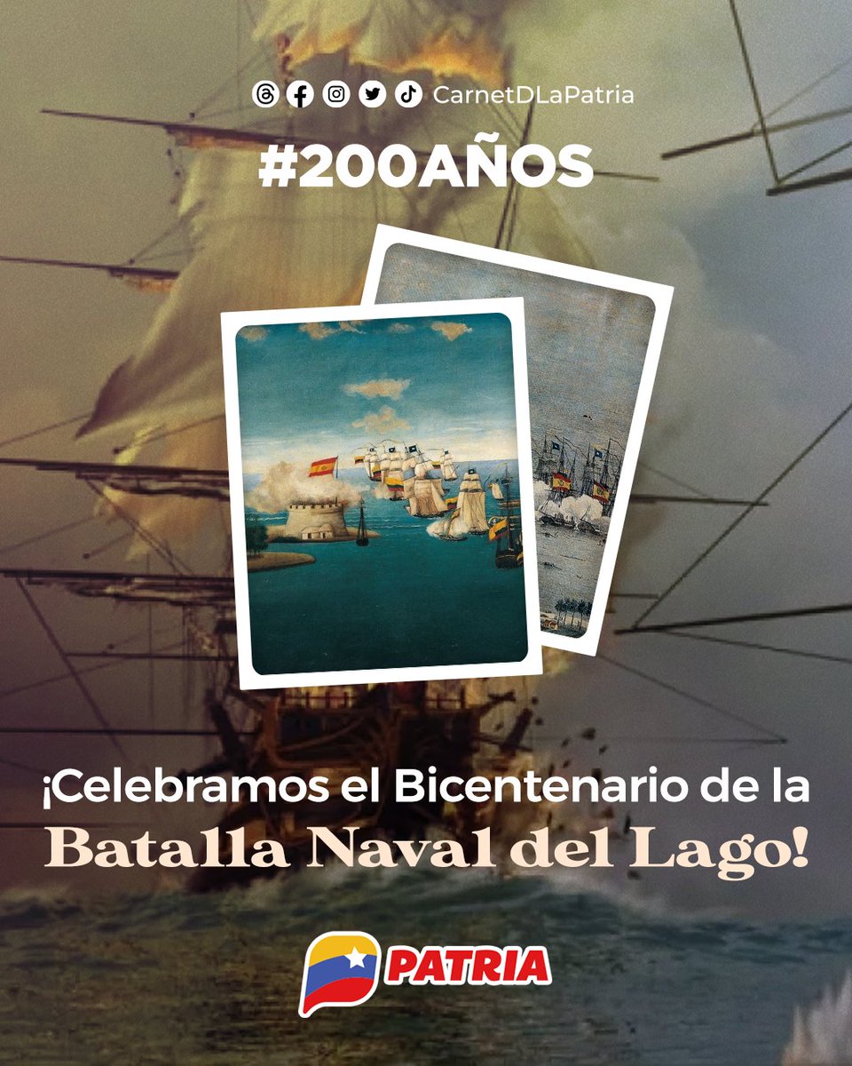 Hoy #24Jul, celebramos el Bicentenario de la Batalla Naval del Lago. 
Honor y gloria a los héroes y heroínas patriotas que nos entregaron la libertad y la independencia consolidada.

¡Seguimos venciendo!

#SistemaPatria 
#BatallaNaval200