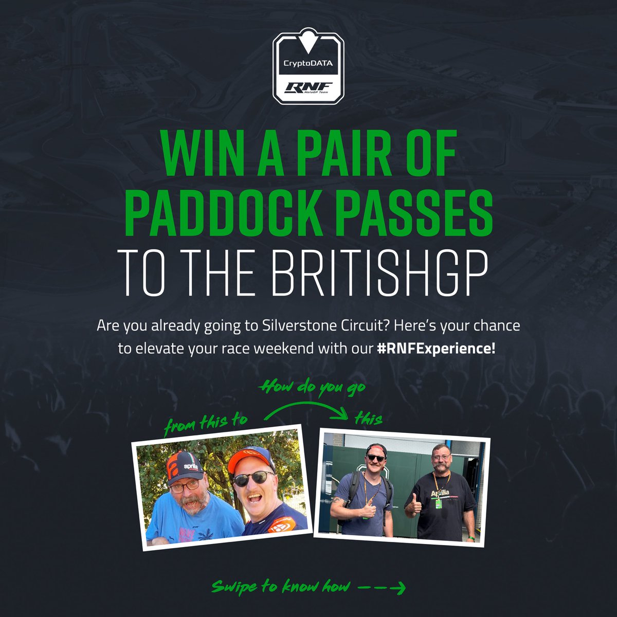 rnfracingteam's tweet photo. 📣 Good News! 🏁 Contest extended until 30th July! 🎉 

WIN a pair of PADDOCK PASSES TO THE #BRITISHGP! 🇬🇧🏍️ #SwipeLeft ⬅️ and follow https://t.co/9Y97x0lOqC to know more! 👍🏻

#rnfmotogpteam | #RNFExperience | #CryptoDATA | #Wearethe7THGEAR | #contest | #silverstone https://t.co/KPqrKqaNtH