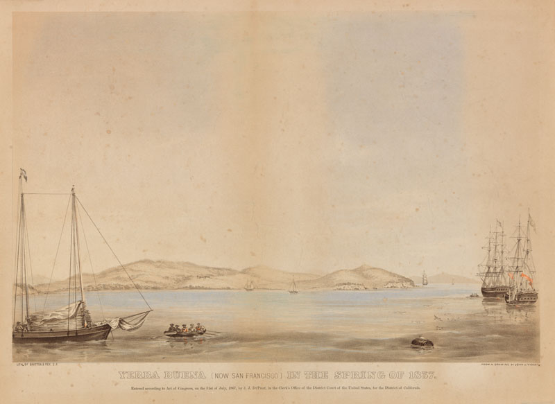 CAStateLibrary's tweet photo. An 1837 view of San Francisco (formerly Yerba Buena) from across the bay. At left is a trading schooner of Jacob P. Leese. The houses of William Richardson and Leese, the only two structures in Yerba Buena at the time, are directly above the prow of the ship's boat. https://t.co/EKcmm80w4h
