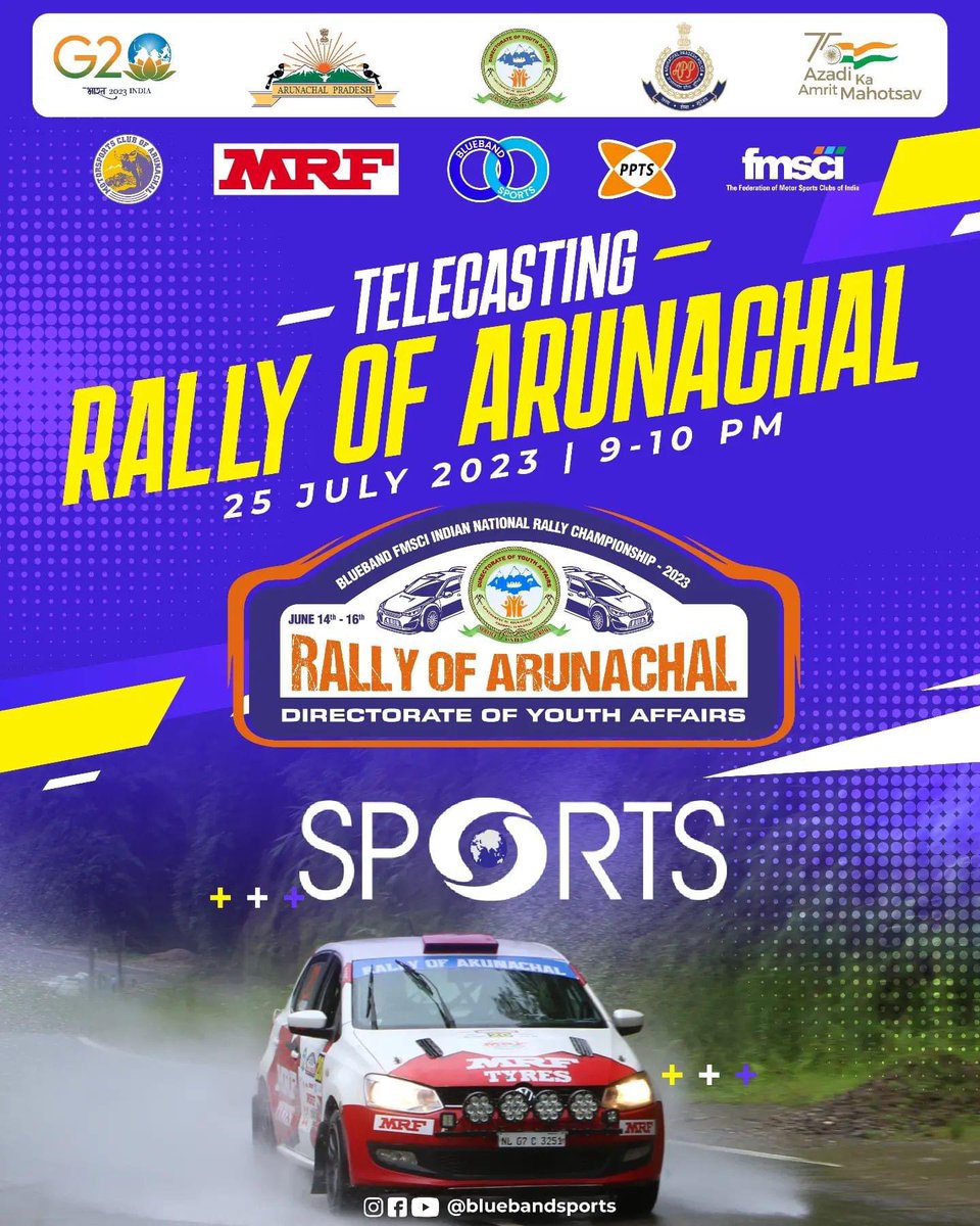 We are excited to announce that the Rally Of Arunachal 2023 will be broadcasted on DD Sports on 25th July at 9pm to 10pm! 📺🌟

Tune in and experience the rush of speed, skill, and triumph! 🏎️💨

#bluebandsports #carbonneutralinrc #inrc2023 #fmsci <a href="/BlueBandSports/">Blueband Sports</a> <a href="/MRF_Racing/">MRF Racing</a>