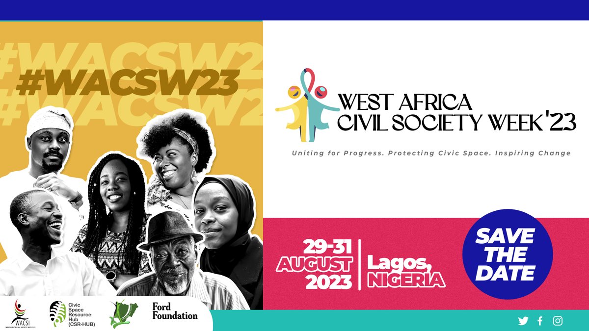 csrhubWA's tweet photo. The countdown has just begun!!
We’re gearing up for the maiden West Africa Civil Society Week, 2023.
Join us on 29-31 August to reimagine the role of civil society in a constantly changing and restrictive civic space.
Register here: https://t.co/7TxV9U4Ht0.
#WACSW2023 https://t.co/GnktIrYpZq