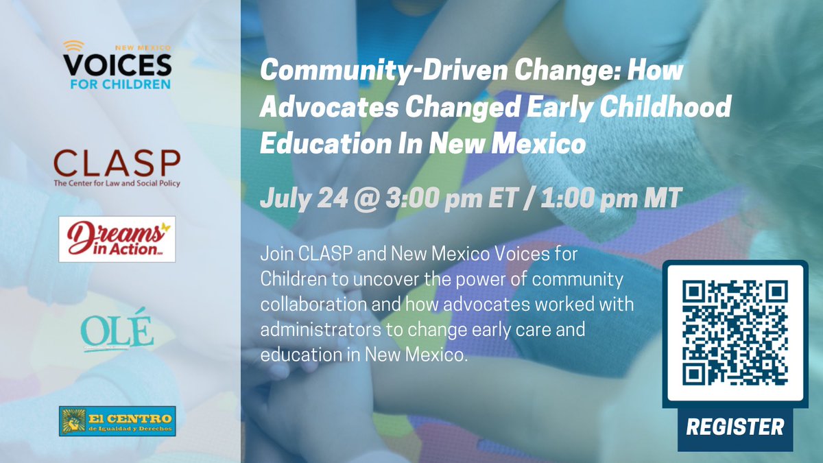 Join <a href="/NMVoices/">NM Voices for Children</a>,  @elcentro_nm, @dreamsaction_nm, and <a href="/OLENewMexico/">OLÉ</a> this afternoon for a panel discussion of the exciting advocacy victories in early childhood care and education in New Mexico, hosted by <a href="/CLASP_DC/">CLASP</a> 

us06web.zoom.us/webinar/regist…