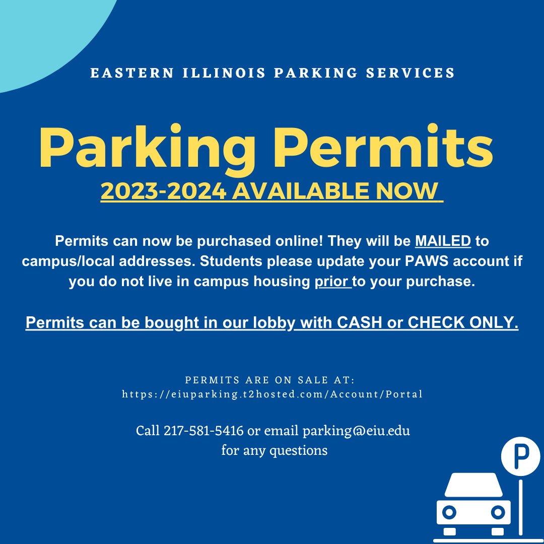 With the academic year upon us, PARKING PERMITS are now on sale. Order you Fall or Yearly Permits now!

You can order them online with payment methods of credit/debit cards, student account or payroll deduction (Staff/Faculty). Consult us at 217-581-5416 for any questions.