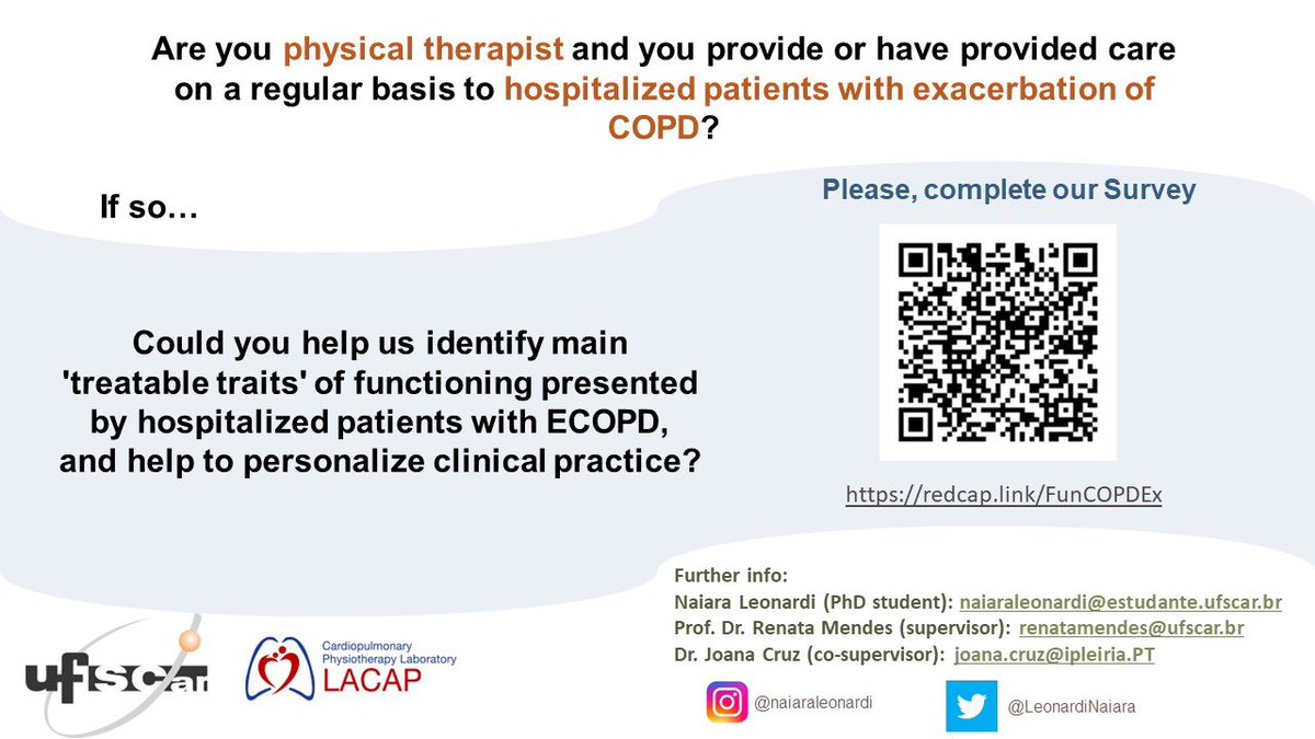 Are you a physical therapist and you provide or have provided care on a regular basis to hospitalized patients with ECOPD? If so.. Please, complete our Survey and help us to distribute it. Thank you! redcap.link/FunCOPDEx
