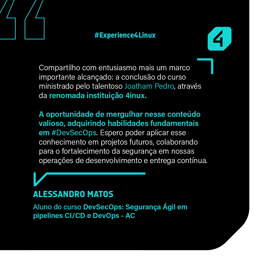 4Linux's tweet photo. Faça como o Alessandro e mergulhe no mundo de DevSecOps com a 4Linux e adquira o conhecimento necessário para sua carreira profissional. 💙

📲 Acesse nosso site e matricule-se em nossos cursos: https://t.co/J4qKRQ29sE

#4Linux #DevSecOps #cursosonline #TI #Tecnologia https://t.co/RfthbpSY0u