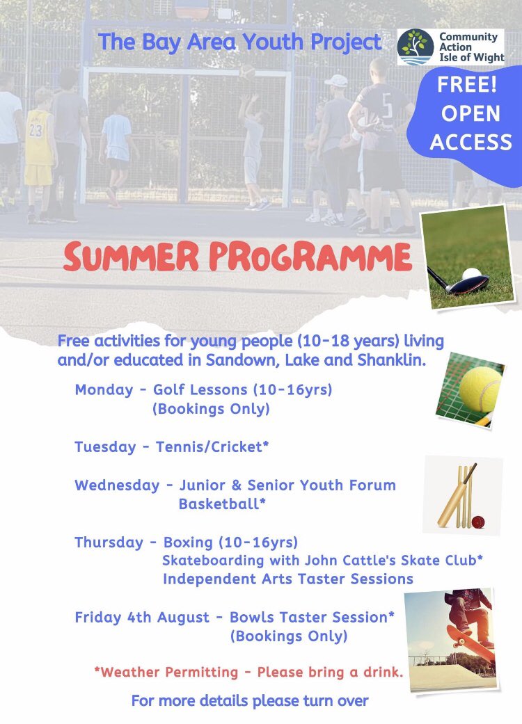 BayResilience's tweet photo. Our FREE #youth provision for the summer hols, starting 31st July.
Open to #youngpeople living or educated in #Bay area, #Sandown, #Lake &amp; #Shanklin - ages 10- 18 yrs Sessions weather permitting.
Thanks to funding support &amp; partners, including, Sandown, Lake &amp; Shanklin Council’s https://t.co/nGyKFtvoAI