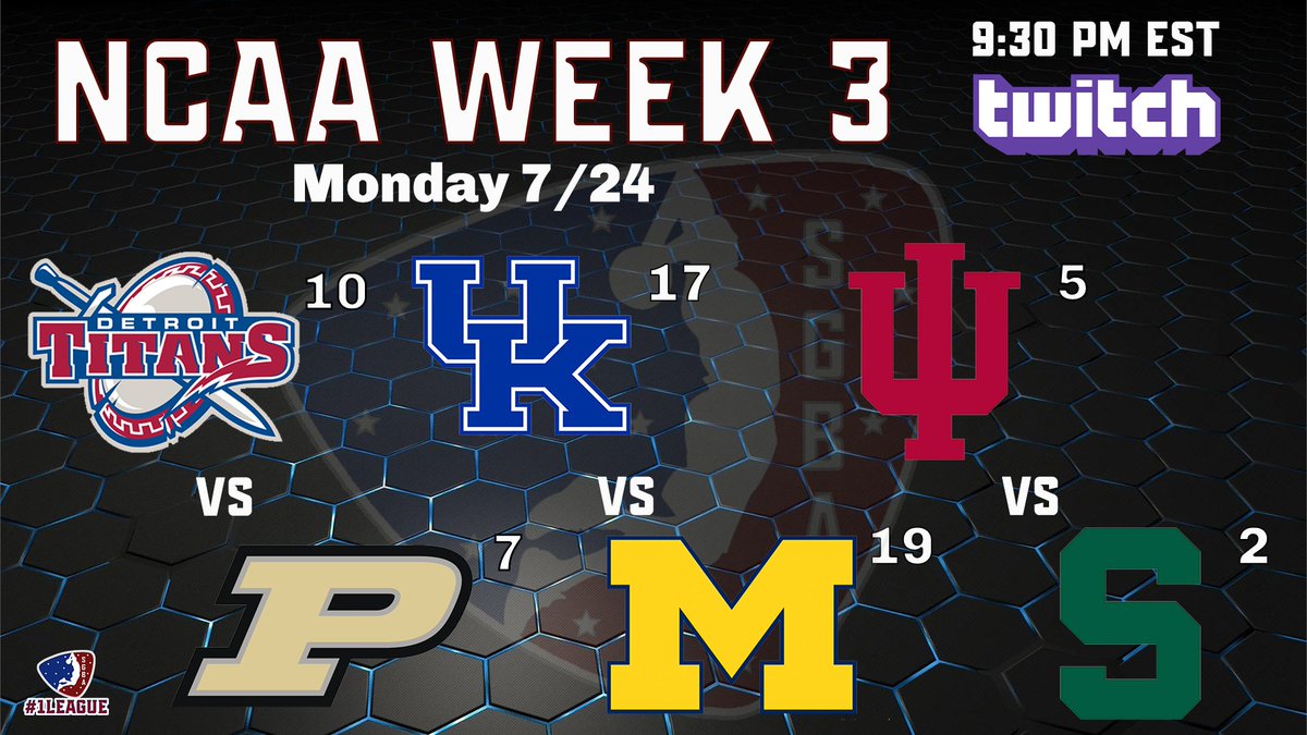We have Week 3 action tonight at 9:30pm est on TWITCH.  Swing by and watch UDM vs Purdue, Kentucky vs Michigan and Indiana vs MSU.  Come join the fastest growing sim basketball league and submit your player.  <a href="/iNetworkSports/">iNetwork</a> <a href="/TGA_Media/">TGA Media</a> @college_esports twitch.tv/sgba2kleague