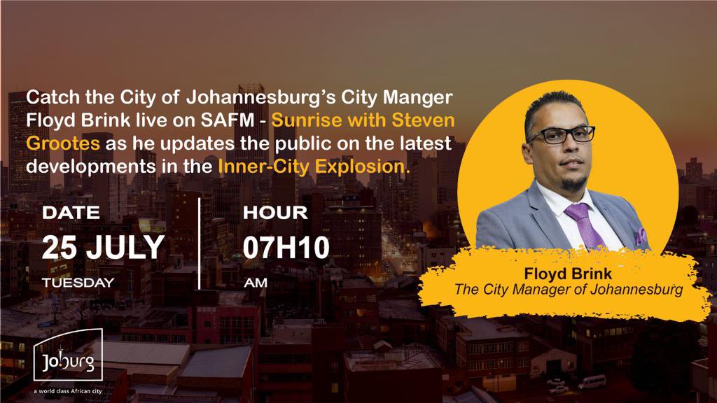 Don't miss the live update on the #JoburgExplosion by City Manager Floyd Brink and other designated City officials across the attached  broadcasting channels. Stay informed! #JoburgUpdates ^NB