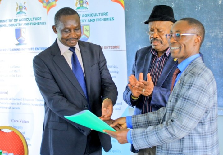 Today, I have presided over the handover of Office of Principal at the Fisheries Training Institute which is a fisheries sub-sector training institute under @MAAIF_Uganda from Mr. Joseph Bwanika who has been serving as Acting Principal (right) to Mr. Ofwono Willy Osinde (left).