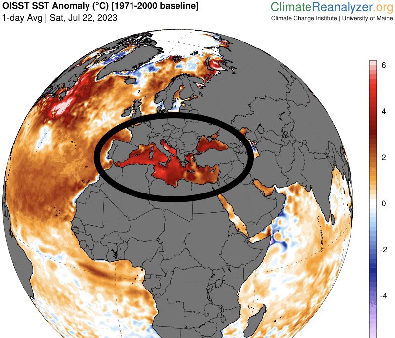 Antarcticacl's tweet image. Mar Mediterráneo rompió su récord de temperatura absoluta rozando los 28°C🔥, casi 3°C sobre típicos para la fecha👇

El récord es particularmente llamativo considerando que la temperatura superficial del Mediterráneo alcanza su peak anual recién en Agosto.ceam.es/ceamet/SST/SST…