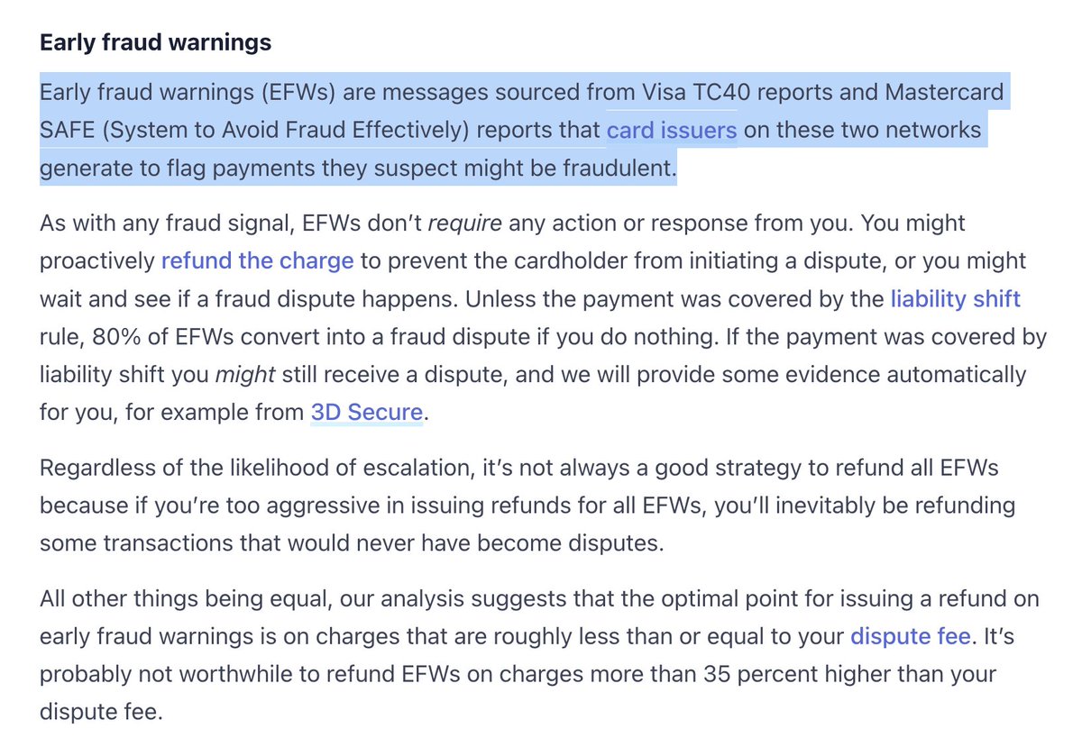 💡 How to avoid disputes before they happen

1) Set up a <a href="/Stripe/">Stripe</a> webhook for Early Fraud Warnings (EFW) from Visa and Mastercard
2) Auto refund
3) Delete user/customer account

A dispute can't happen anymore then because the payment is already refunded!

stripe.com/docs/api/radar…