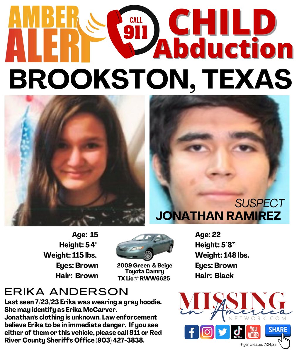 missingNamerica's tweet photo. Erika Anderson (aka Erika McCarver)
🚨 AMBER ALERT 🚨 #BOLO 👀 Brookston, Texas
#AmberAlert #MissingInAmerica #MissingChild
#MissingInAmericaNetwork 🇺🇸 #MissingInTexas #MISSING #MissingPersonAlert #MissingTeen #Abduction #JonathanRamirez 
https://t.co/2HUp1JMyRe https://t.co/HQWtBRlNHp