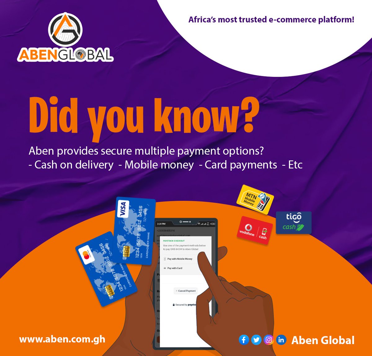 Shop like crazy, pay like a breeze on https://t.co/iwbFWr1ZQ2 with Mobile Money, VISA or Mastercard!

#ecommerce #Abenglobal #Abenmarketplace #Abenmall  #Abencourierservice 

Trends: Gmail Real Madrid #BBNaijaAllStars Cecilia Dapaah Chelsea Whitemoney Morocco Hazard #TV3NewDay https://t.co/AxvRLdzfxR