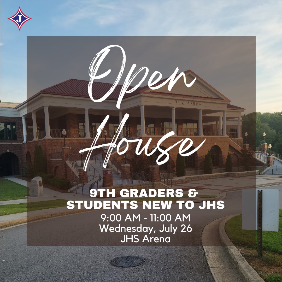 Open House for 9th graders and students who are new to Jefferson High School will be on Wednesday, July 26, from 9:00 AM - 11:00 AM.  Students should enter the Arena first, using the lower doors to receive pertinent information.  We are excited to welcome our new Dragons to JHS!