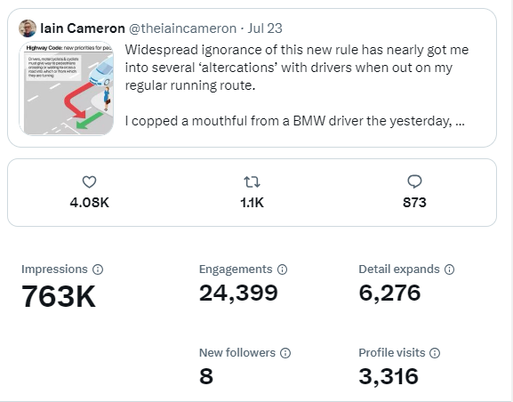 I had to turn the notifications off on this as it fast became a joke. I've learned one thing, though. There are many drivers in the UK who still believe that the car is sacrosanct, and that pedestrians should yield at every turn, lest they delay them for more than three seconds.