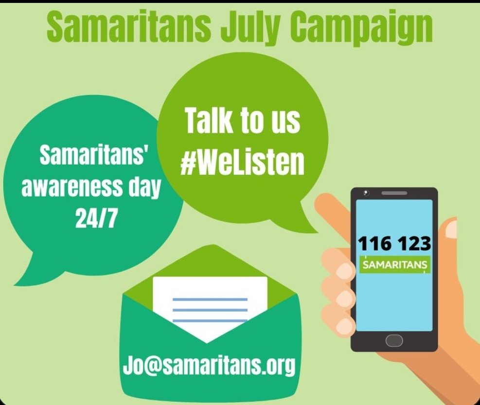 RSTrust20's tweet photo. 24 July (24/7) is Samaritans Awareness Day, because they're here to listen 24/7. Today and throughout July, they'll be running their awareness-raising campaign Talk to Us, to remind people that they're there , for anyone who needs someone to listen.
#TalkToUs #Samaritans https://t.co/HqIzE41VAW