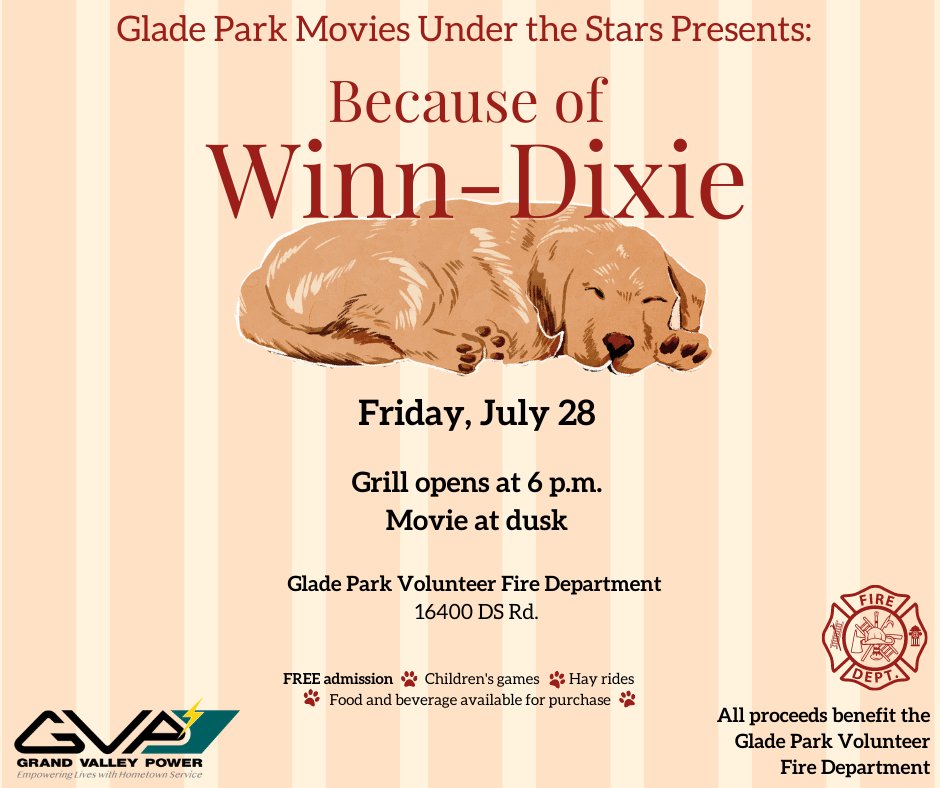 What are you doing this Friday, July 28? The right answer is attending Glade Park Movies Under the Stars 😉 Join us for a live showing of Becuase of Winn-Dixie while supporting the Glade Park Volunteer Fire Department👩🏻‍🚒 For more information, visit: gvp.org/Hometown-Partn…
