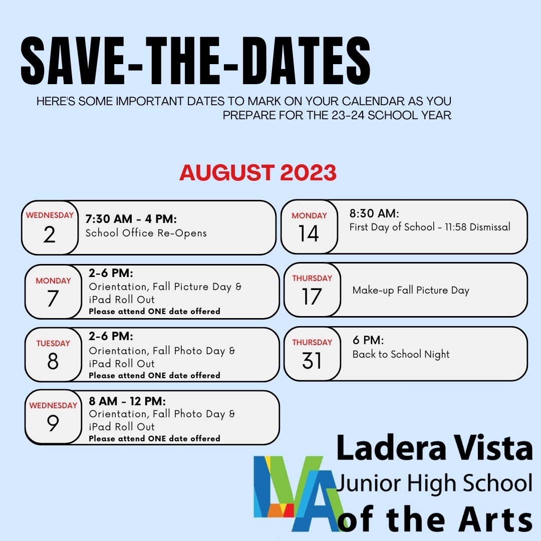 We hope you've had a restful summer Spartans!
Here's some important dates to mark on your calendar as you prepare for the 23-24 school year! Contact our front office with questions.