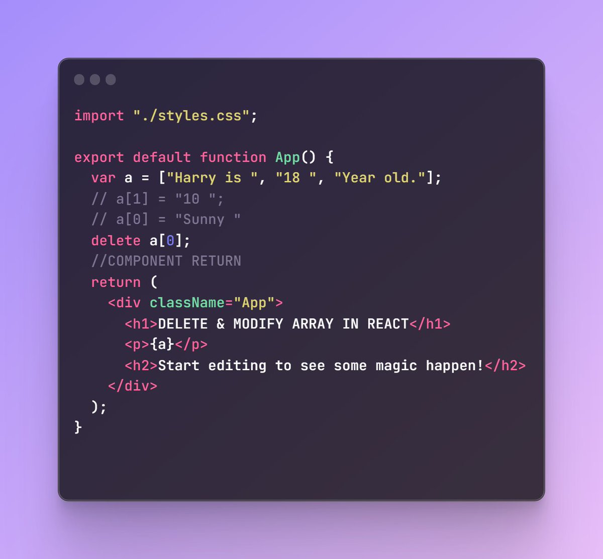 AshishChaubeys's tweet image. Day 6/100 | #100DaysOfCode
➡️ Practice for Delete & Modify Array in JavaScript
➡️ How to modify statements
➡️Also practice in React.js
➡️ Check my code
#100Devs #learncode #webdev #frontend #javascript
#Programmer #programming #developer #studentlife #computerscience #reactjs