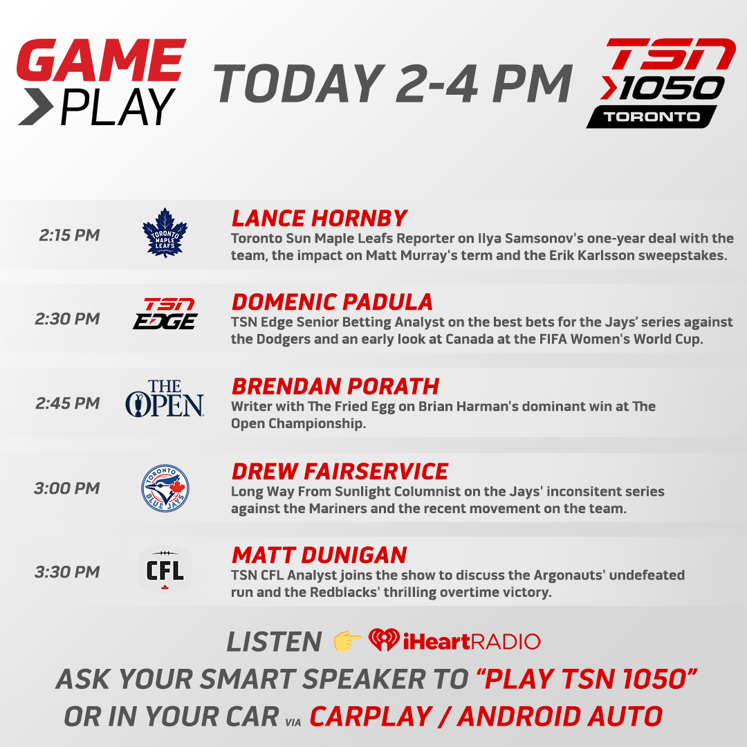 Coming up today on #GamePlay, @jimtatti will be joined by @sunhornby, @DomPadulaEDGE, @BrendanPorath, @DrewGROF and @MattDuniganTSN! Listen from 2-4pm on your home speakers, @TSN_Sports App, @iHeartRadioCA App or player.toronto.tsn.ca!
