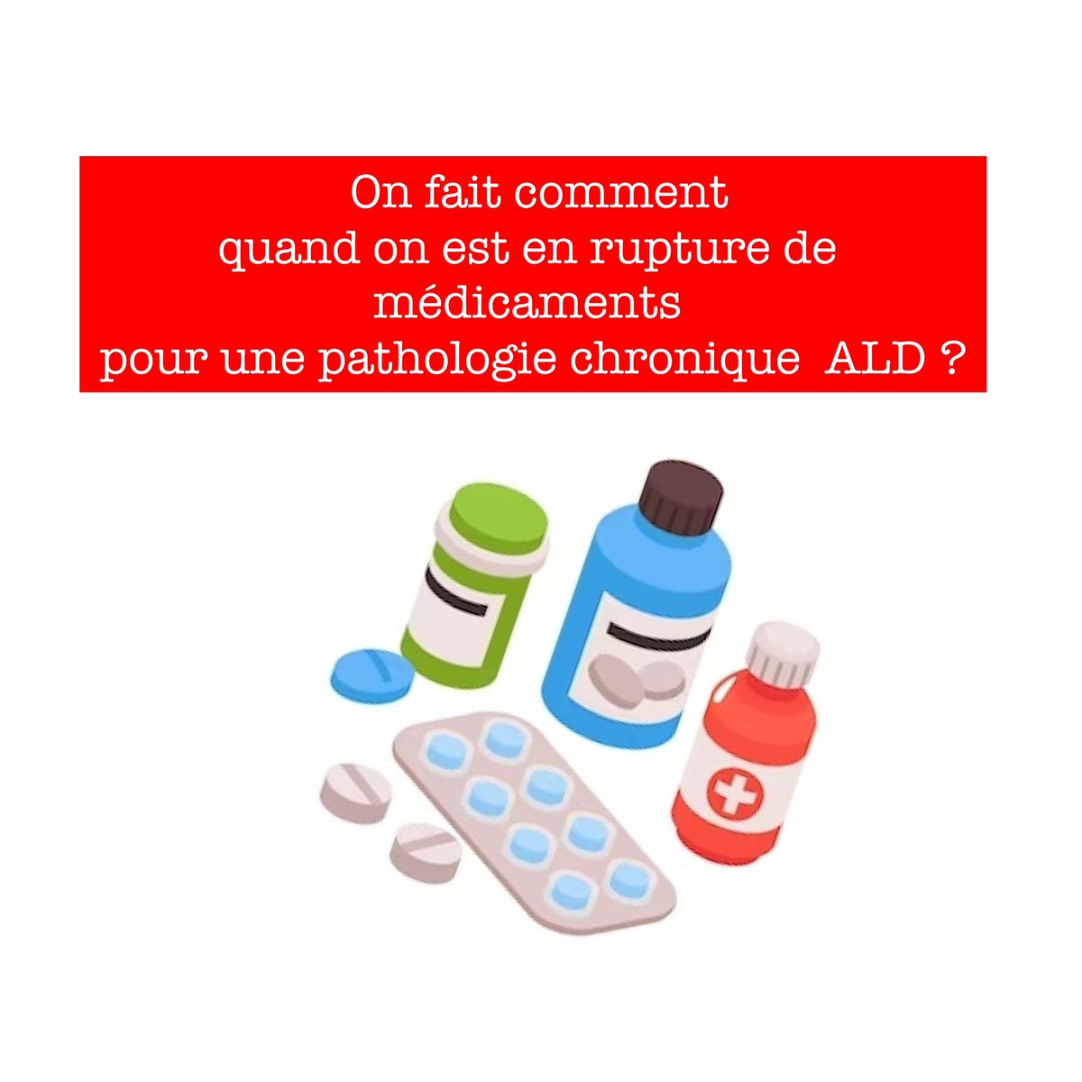 Comme d’autres #patients, j’ai x #pathologies avec des traitements quotidiens.
Depuis x mois, mes médicaments 💊💊sont très souvent en rupture.
je me retrouve sans #médicament en 2023 !
🙏aux industriels du médicament 💊 de vous pencher sur ce problème de santé publique !