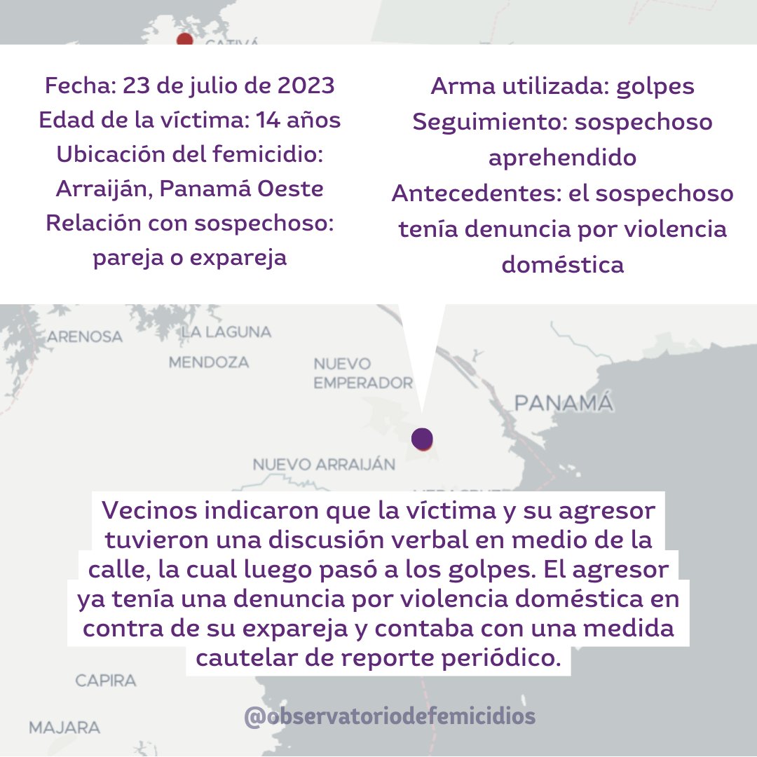 Segundo femicidio reportado en menos de 24 horas.

En este caso la víctima es una menor de 14 años, su agresor, un hombre de 25 años, tenía una denuncia por violencia doméstica en contra de su expareja.

#niunamenos #panamá